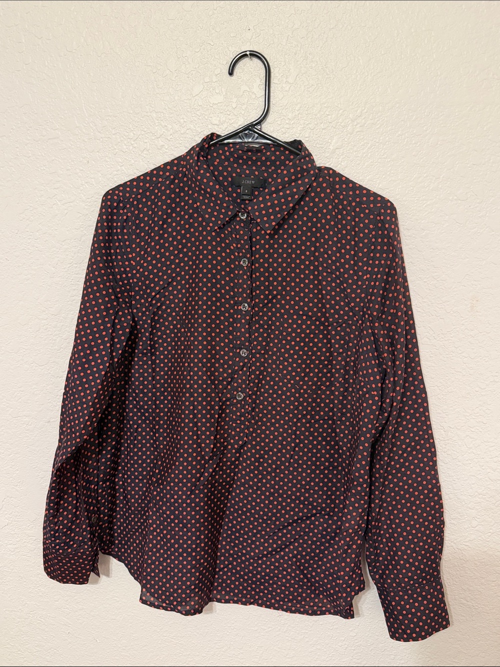 J. Crew silk navy Button-Down Shirt with Red Dot Print
